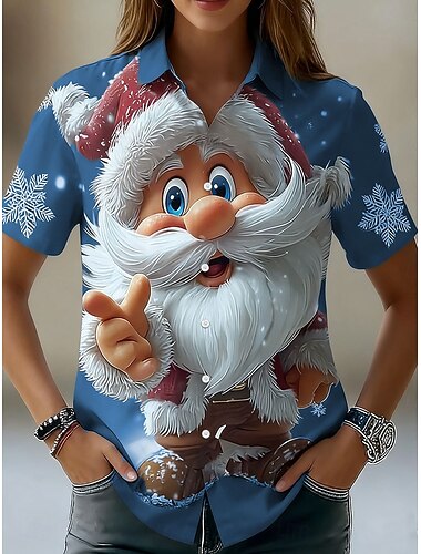  Camisa de Natal para Mulheres Papai Noel Floco de Neve Estampada Gráfica Claus Vintage Tropical Sem Mangas Camisa Regular Mangas Curtas Colar Tops Diários Vermelha Azul Roxa Verde Cinza Verão