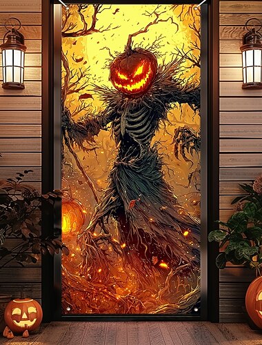  Copriporta di Halloween, arazzo con zucca e spaventapasseri, decorazione per porta, sfondo spettrale del raccolto, striscione per porta d'ingresso, decorazione per feste di Halloween in casa stregata