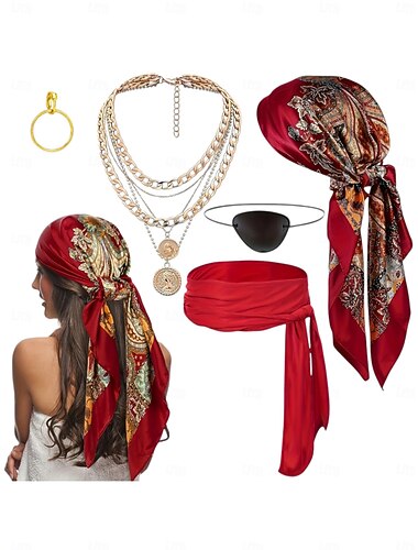  Conjunto de pañuelo rojo de Halloween para mujer: bufandas, collar de cadena, antifaz y accesorios para fiesta de disfraces de Halloween.