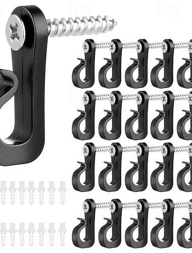  20個のプラスチック製ライト安全フックセット - 屋内外での使用に適した多目的吊り下げソリューション。フック20個、ネジ20個、チューブ20個、ハロウィーン、クリスマスパーティー、吊り下げ植物用の屋外壁フックが含まれています。