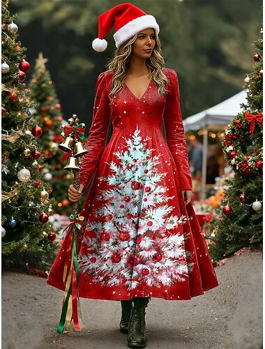  Natale Per donna Abito Midi Abito a trapezio Vacanza Casual Ferie Vestibilità regolare Grafico Albero di Natale Manica Lunga Scollo a V Rosso Blu Viola Verde Primavera Autunno Inverno