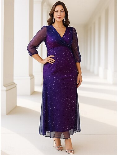  A-linje Kjole til brudens mor Plusstørrelse Glitrende V-hals Ankellengde Polyester 3/4 ermer med Ensfarget