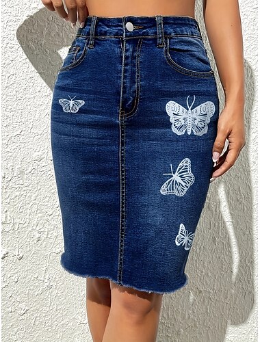  Dame الالتفاف Kroppstett Kjole Mote Fritid Knelang Høy Midje Skjørt Sommerfugl Lomme Trykt mønster Mikroelastisk Gate Daglig Svart Navyblå Blå Vår Polyester Denimstoff
