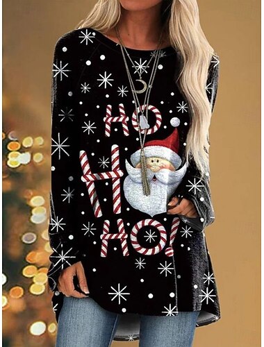  Jul Dame T skjorte Grafisk julenissen Juletre Årgang Stilfull Klassisk Langermet Crew-hals Rund hals Lange topper Daglig Ut på byen Helg Trykt mønster Svart Rød Grå Vår Høst Vinter