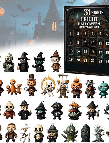  15. juli/31. desember, netter med skrekk, nedtelling til halloween, eske med figurer, halloween adventskalender 2025, gaveeske, skummel dukke, samleobjekter, skrekkfigurer, hengende anheng