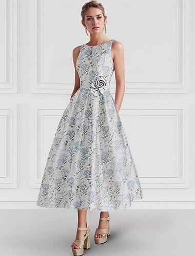  Sukienki koktajlowe A-line z żakardowym kwiatowym wzorem elegancka sukienka formalne wesele długość do kostek bez rękawów okrągły dekolt nylon z kwiatowym nadrukiem sukienka dla gościa weselnego