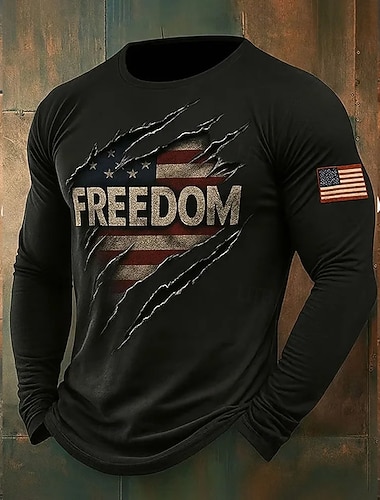  Herre Bokstaver Amerikansk flagg T-skjorte T-skjorte T-skjorte Langermet T skjorte 3D-utskrift Crew-hals Skjorte Mote Designer Fritid Feriereise Daglig Ferie Svart Alle årstider Klær S M L XL 2XL 3XL