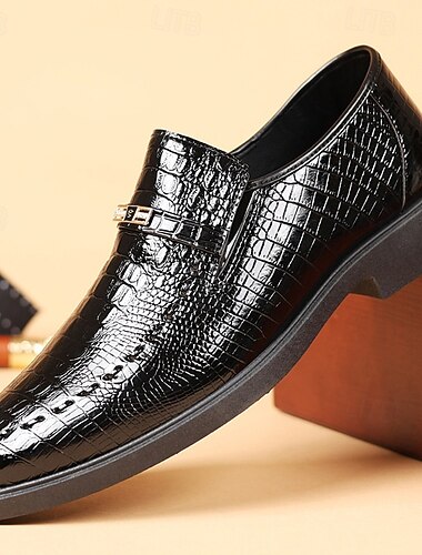  נעלי לואפרס שחורות לגברים עם דוגמת תנין – נעלי לבוש אלגנטיות מעור מלאכותי עם גימור מבריק, נעלי עסקים ומסיבות רשמיות