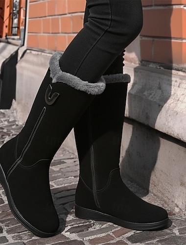  Schwarze Wildleder-Winterstiefel für Damen mit Kunstfellfutter und seitlichem Reißverschluss – warme und stylische Stiefel mit halbhoher Sohle für kaltes Wetter