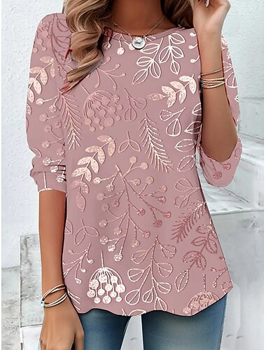  Damskie Podkoszulek Kwiaty Graficzny Abstrakcja Zabytkowe Elegancki Klasyczny Długi rękaw Półgolf Okrągły dekolt Zwykłe topy Codzienny Nadruk Biały Rumiany róż Wiosna Jesień Zima