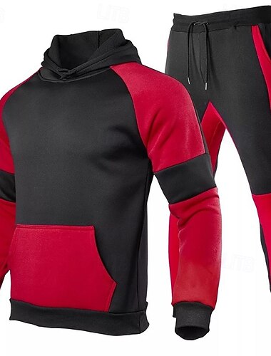  בגדי ריקוד גברים חליפת טרנינג 2 חלקים קפוצ'ון לאונג' סטים של טרנינג קולור בלוק חליפות בגדים אביב סתיו שחור אדום חדר כושר להתאמן ריצה מותניים גבוהים קל משקל אופנתי שרוול ארוך ספורט לבוש אקטיבי