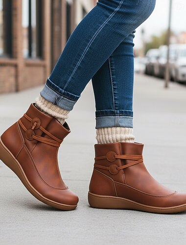  botins casuais marrons femininos com tiras de fivela dupla - calçados confortáveis para o dia a dia no outono e inverno
