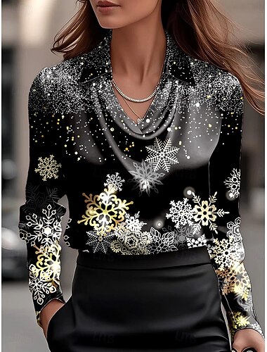  Weihnachten Damen Hemd Ombre Grafik Schneeflocke Elegant Stilvoll Lässig Langarm Wasserfallausschnitt Normale Oberteile Arbeit Party-Abendmode Täglich Gerafft Drapiert Schwarz Herbst Winter