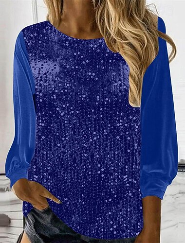  Per donna Maglietta Tinta unica Moda Elegante Classico Manica Lunga Girocollo Top Regolari Quotidiano Weekend Paillettes Patchwork Blu Primavera Autunno