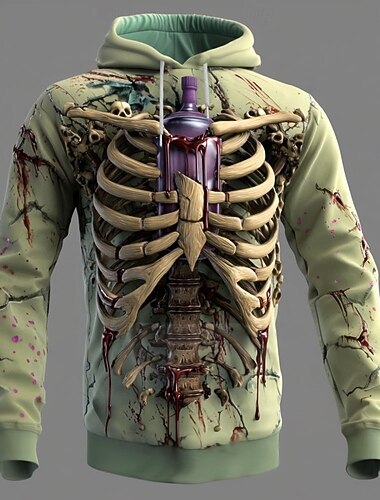  Halloween Муж. 3D Скелет Толстовка Панк преувеличены Вырез под горло Для клуба Уличная одежда Красный Синий Кулиска Осень Зима Дизайнер