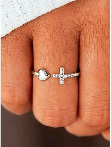  dames hart- en kruisring – verstelbare verzilverde open band met zirkonia, minimalistische sieraden voor dames en kerstcadeau
