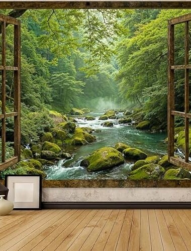 vakker bambusskog bekk mose stein rennende vann grønt landskap hengende billedvev veggkunst stort billedvev veggmaleri dekor fotografi bakgrunn teppe gardin hjem soverom stue dekorasjon