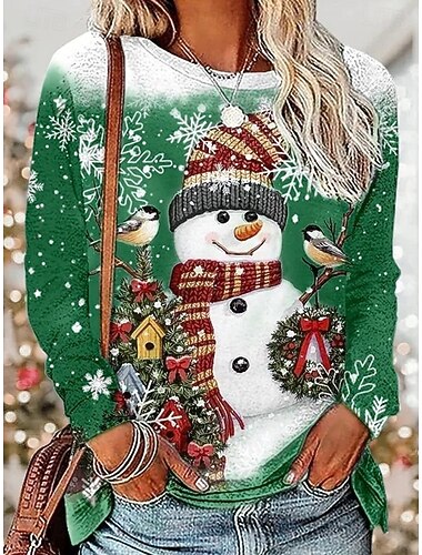  Natale Per donna Maglietta Grafico Babbo Natale Pupazzo di neve Vintage Moda Elegante Manica Lunga Girocollo Top Regolari Quotidiano Weekend Stampato Rosso Verde Azzurro Primavera Autunno Inverno