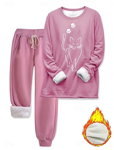  Per donna Elegante Caldo Moda Set da due pezzi Tuta Set di Pantaloni Manica Lunga Manica a Vescovo Girocollo Grafico Animale Gatto Stampato All'aperto Vacanza Casuale Rosa Blu Grigio Primavera