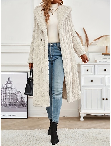  Damen Wintermantel Sherpa-Jacke Bequem Atmungsaktiv Tasche Lässig Einfach Urlaub Straße Lässig Alltagskleidung Offene Vorderseite Lang Mit Kapuze Normale Passform Langarm Oberbekleidung Schwarz