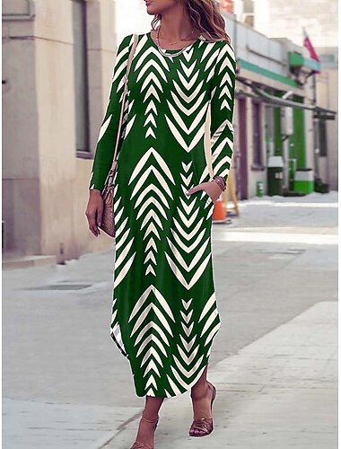  Damen Maxikleid Etui-Kleid T-Shirt-Kleid Urlaub Lässig Boho Ferien Date Normale Passform Grafik Geometrisch Abstrakt Langarm Rundhalsausschnitt Blau Purpur Grün Frühling Herbst Winter