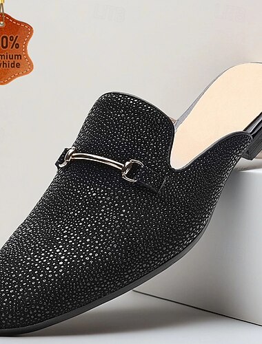  Mocasines negros tipo mule de piel auténtica para hombre: elegantes zapatos de vestir sin cordones con hebilla metálica para fiestas y noche.