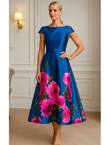  A-linjeformade cocktailklänningar hög split klänning formell bröllopsgäst ankellängd kort ärm juvelkrage ficka satin med blommigt mönstrad ficka derby klänningar bröllopsgäst klänning