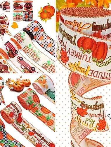  5 meter höstband för tacksägelse, rutigt orange pumpaband för skördesäsongen, höstband med trådkant i bondgårdsstil, gör-det-själv-rosetter, kransar, hantverk, presentinslagning, 8 stilar