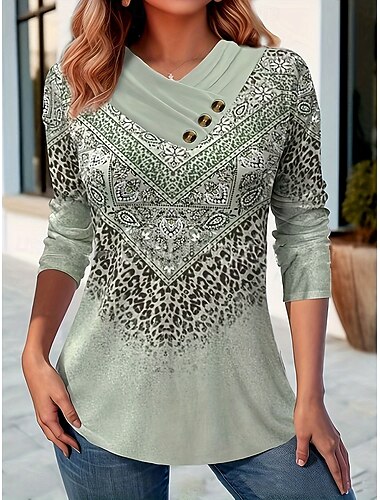  Mujer Camiseta Graphic Cachemir Tribal Vintage Elegante Clásico Manga Larga Escote en Pico Cuello asimétrico Tops regulares Diario Botones Estampado Asimétrico Verde salvia Azul polvoriento Caqui