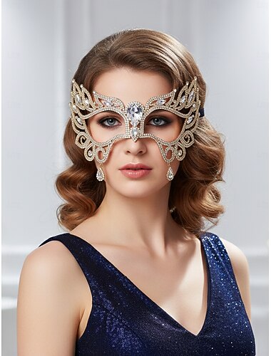  Máscara de mascarada de lujo con diamantes de imitación para mujer con detalles de cristal, elegante accesorio de disfraz para bailes de máscaras y fiestas de Halloween.