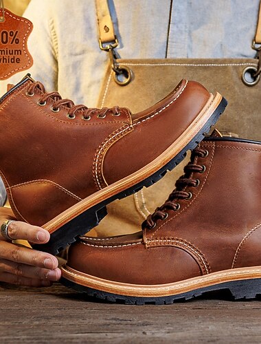  Botas de trabajo marrones para hombre con diseño de cordones y suela en contraste, calzado duradero para exteriores para uso casual, trabajo y salidas de fin de semana.