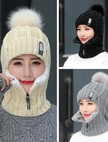  Winter Siamese Windproof Hat Women Warm Knit Beanie Scarf Set Fleece Lined Thickened Full Cover Hat Neck Warmer Outdoor Cycling Cold Weather Protective Cap