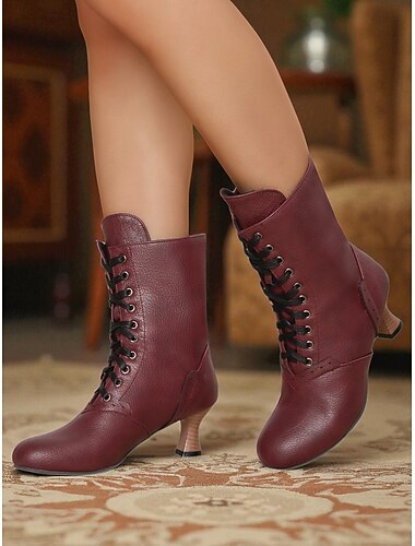  Dames veterschoenen met brogue-motief uit de jaren 50 – vintage bordeauxrode leren laarzen met lage hak, retro voor elegante dagelijkse kleding, cosplay en formele gelegenheden