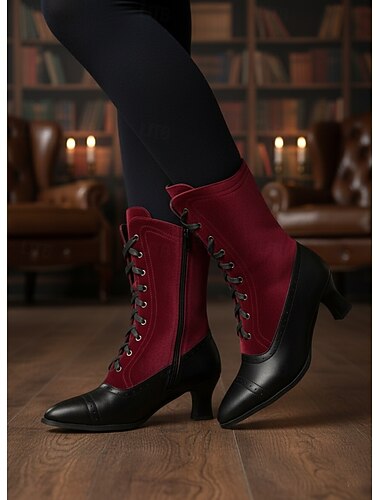  Bottes mi-mollet à lacets victoriennes des années 1900 pour femmes – chaussures à talons rétro en satin bordeaux et similicuir noir pour costumes historiques, soirées Gatsby et représentations sur scène