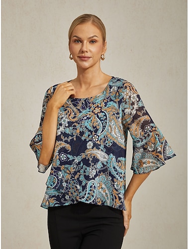  Dame Paisly Avslappet Blå Paisley 3/4 Erme Elegant Fritid hverdag Crew-hals Rund Sommer Vår Høst