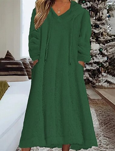  Damen Midikleid Freizeitkleid Winterkleid Mode Modern Täglich Wochenende Normale Passform Einfach Langarm Mit Kapuze Dunkelgrün Winter Herbst