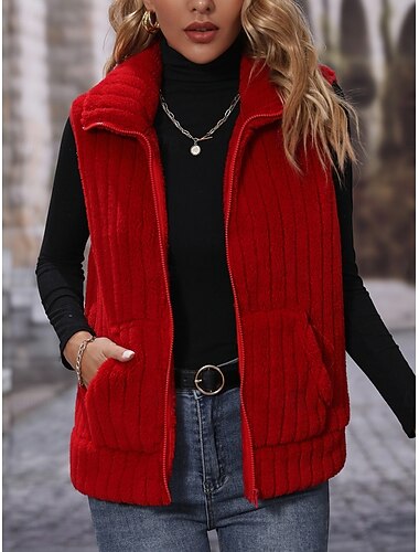  Dam Fleeceväst Bekväm Andningsfunktion Dragkedja Knappar Ledigt Slät Semester Gata Ledigt Dagliga kläder Dragkedja Normal Hög krage Normal Ärmlös Ytterkläder Svart Rubinrött Aprikos Vår Höst