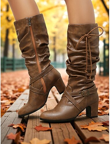  stivali alti fino al ginocchio da donna in similpelle marrone con cerniera laterale e cinturino con fibbia, stivali con tacco a blocco in stile casual vintage per autunno, inverno, attività all'aperto