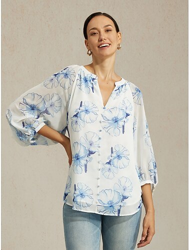 Blusa de gasa para mujer con estampado floral de tinta, elegante, informal, para oficina, primavera, verano y otoño.
