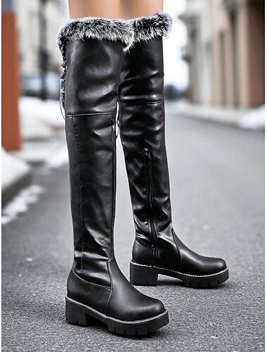  Overknee laarzen voor dames – winterschoenen met imitatieleren, dikke hak en bontrand voor streetwear en feestjes