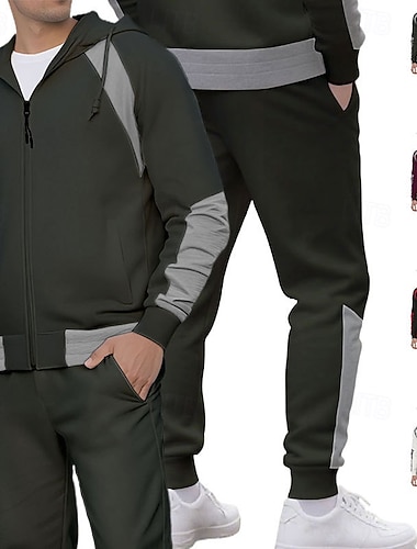  Herren Trainingsanzug Outfit-Set Kapuzenpullover Set Kapuzenpullover Outdoor Täglich Sport Kordelzug Reißverschluss Tasche Farbblock Weinrot Schwarz Weiß Polyester Sportkleidung Mode Streetwear