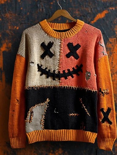  Hombre Suéter de punto Estriado Tejer Tops regulares De Punto Estampado Calabaza Cuello Barco Víspera de Todos los Santos Vacaciones Ropa Cotidiana Ropa hombro caído Otoño Invierno Calabaza S M L
