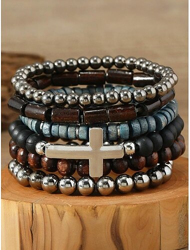  צמיד חרוזים לגברים משובץ בצורת צלב, צמידי עץ ומתכת רב שכבתיים נמתחים, תכשיטי בוהו אופנתיים ללבוש קז'ואל, מסיבה ויומיומי