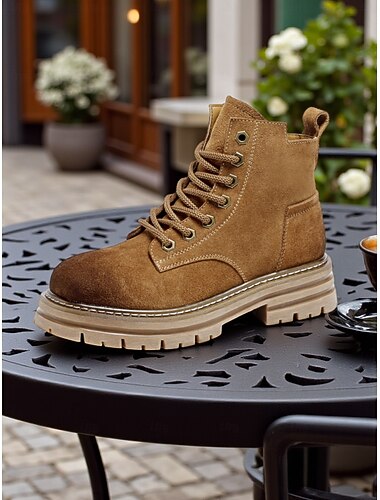  Botas femininas de camurça marrom com cadarço e sola grossa antiderrapante - botas casuais para caminhada e trabalho ao ar livre para outono e inverno