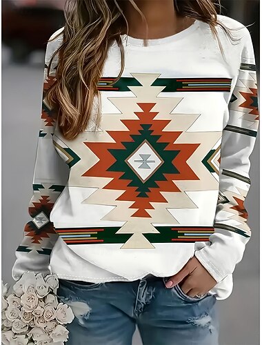  Damen Tunika Grafik Geometrisch Stammes Vintage Mode Stilvoll Langarm Rundhalsausschnitt Rundhals Normale Oberteile Täglich Druck Weiß Frühling Herbst Winter