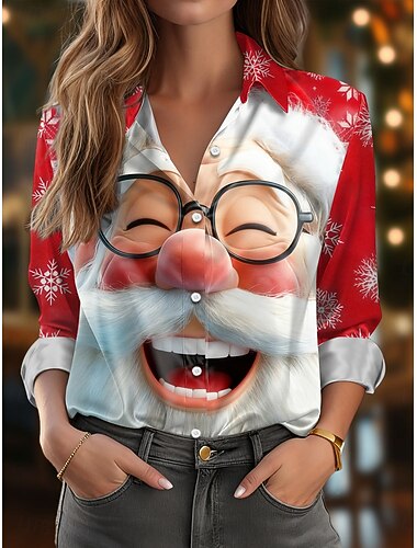  Новогодняя тематика Жен. Рубашка Графика Дед Мороз Элегантный стиль Винтаж Стиль Длинный рукав Рубашечный воротник Обычные топы Офис Повседневные Праздники Белый Винный Красный Красный и белый