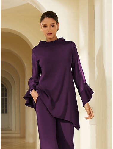 بلوزة نسائية بلون أحمر نبيذي من الشيفون الصلب من تينسيل روما مع كشكشة وأكمام 3/4 وياقة واقفة كاجوال أنيقة لفصل الربيع والصيف والخريف   بلوزة نسائية بلون أحمر نبيذي من الشيفون الصلب من تينسيل روما مع كشكشة وأكمام 3/4 وياقة واقفة كاجوال أنيقة لفصل الربيع والصيف والخريف