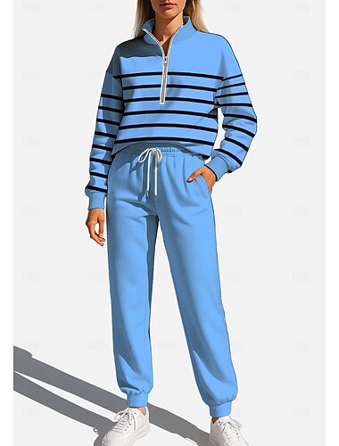  Mulheres Moletom Suéter Roupa de corrida Primavera Com Cordão Zíper Geométrica Jaquetas e Calças Para Esporte Conjunto de roupa atlética Azul Casual Exercite-se Exterior Macio Folgado Manga Longa
