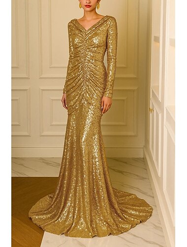 Русалка Вечернее платье Элегантный стиль Торжественное платье Официальные Свадьба С коротким шлейфом Длинный рукав V-образный вырез Розовое платье Пайетки с Рюши 2025   Русалка Вечернее платье Элегантный стиль Торжественное платье Официальные Свадьба С коротким шлейфом Длинный рукав V-образный вырез Розовое платье Пайетки с Рюши 2025