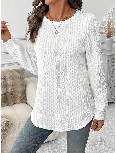  Damen Pullover Sweatshirt Lässig Langarm Rundhalsausschnitt Normale Oberteile Weiß Sommer Herbst Winter